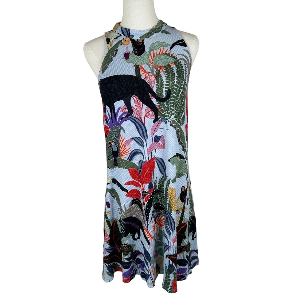 Anthropologie Farm Rio Halter Mini Dress M Blue Tropical Jungle Animal Print